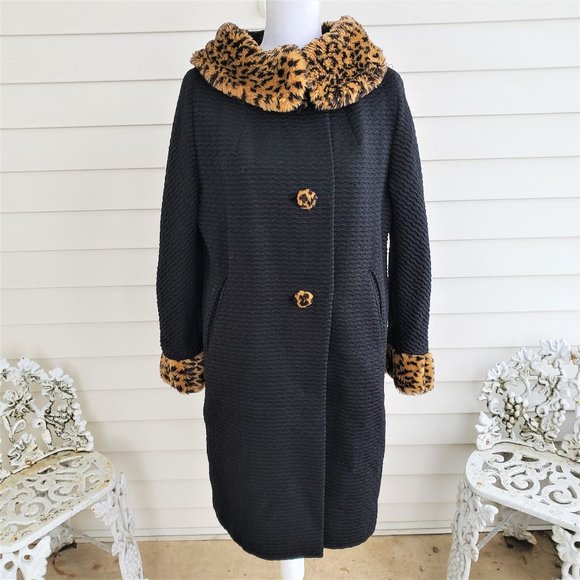 Jackets & Blazers - Vintage Union Made 50s/60s Black Silk Lined Wool Coat Faux Leopard collar / cuff